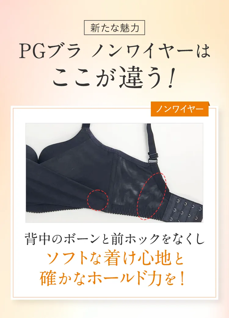 PGブラノンワイヤーはここが違う！ 背中のボーンと前ホックをなくし、ソフトな着け心地と確かなホールド力を！
